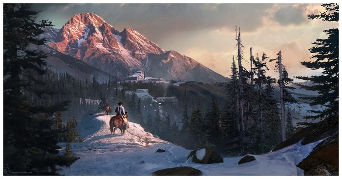 Artwork of men on horses in a snowy mountain landscape