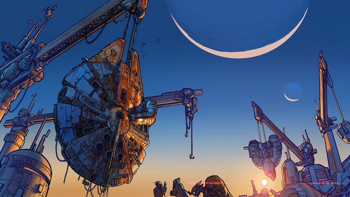 Star Wars artwork of Millennium Falcon at a spaceport