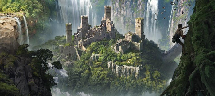 Ruined castle on a cliff with waterfalls and a climber
