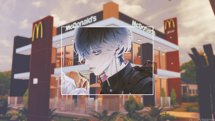 Anime boy eating a burger at McDonald's