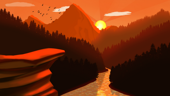 Sunset over mountains with river and cliff