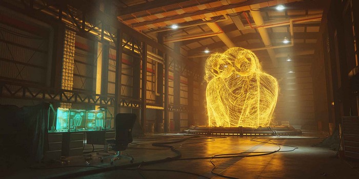 Jean Michel Jarre's Equinoxe holographic sculpture in a warehouse