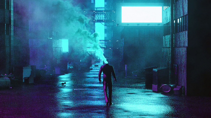 Man with smoke from head in wet alleyway at night