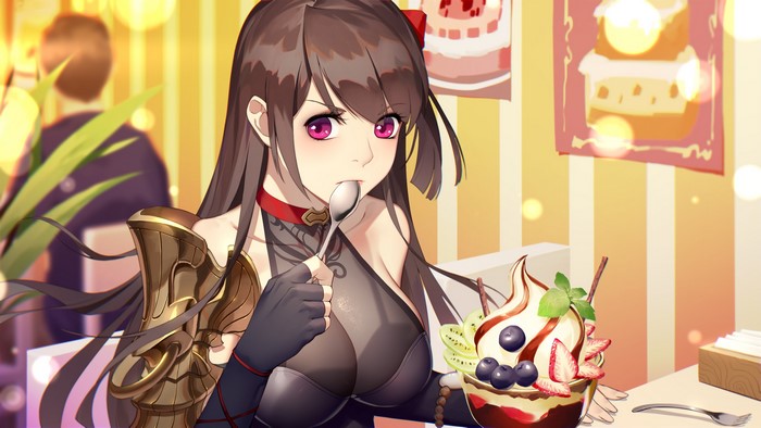 Anime girl eating ice cream parfait