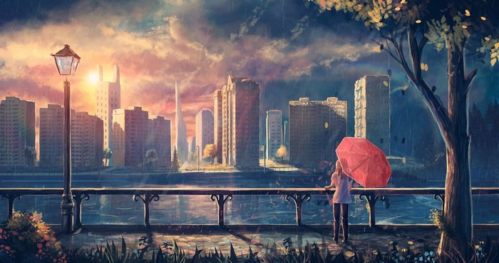 Anime girl with red umbrella in cityscape at sunset