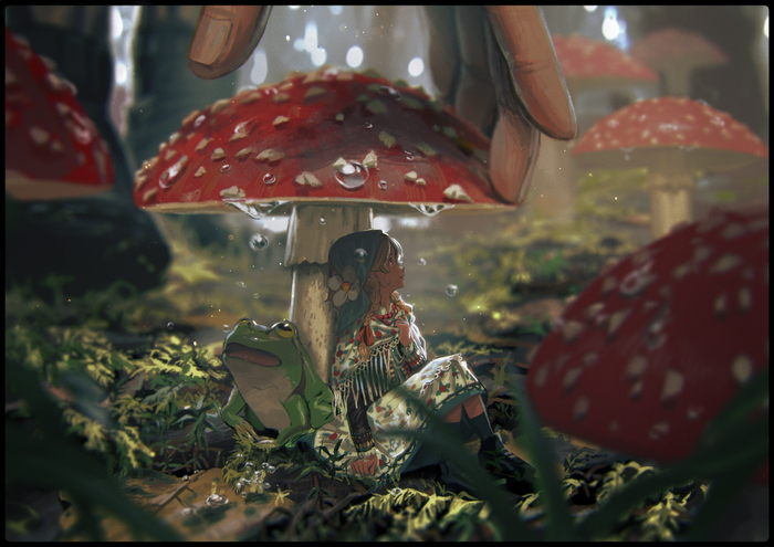 Girl and frog under a mushroom