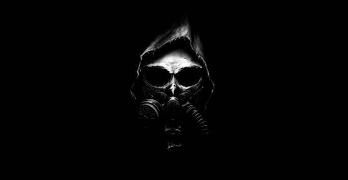 Artwork of a skull with a gas mask