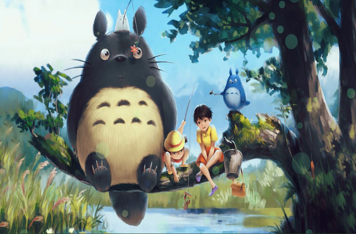 Totoro and children fishing from a tree
