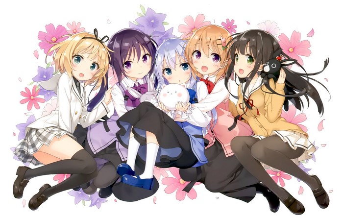 Five girls from Gochuumon wa Usagi Desu ka? with flowers
