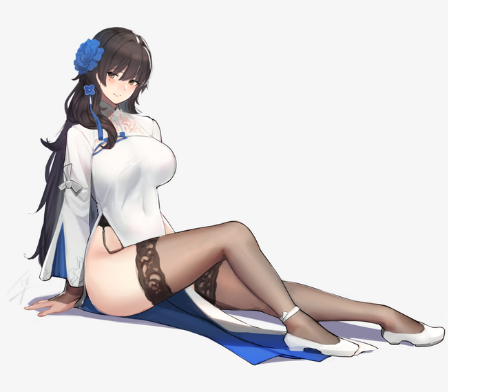 Anime girl in white dress with blue accents