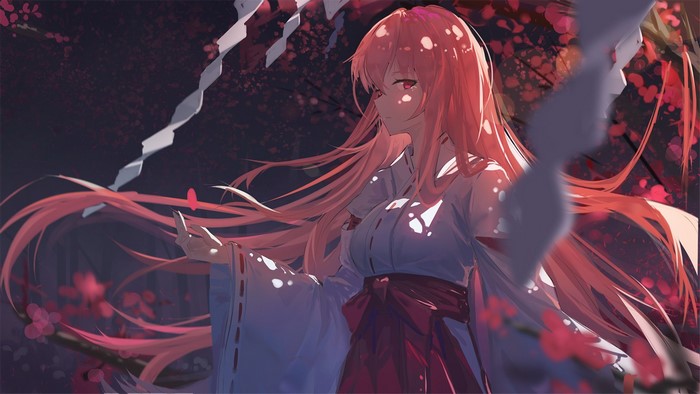 Anime girl with pink hair in shrine maiden outfit