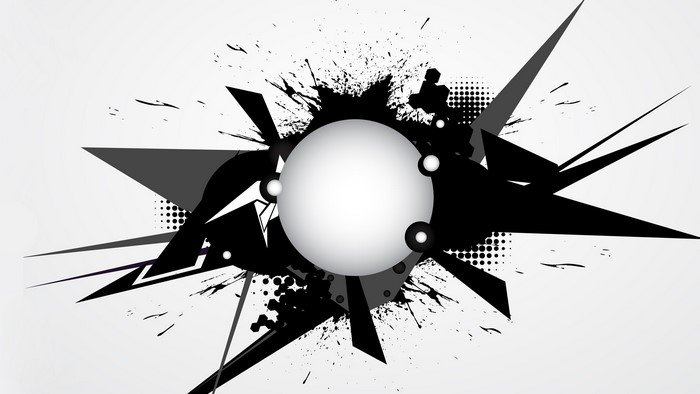 Monochrome abstract 3D shapes with splatter effect