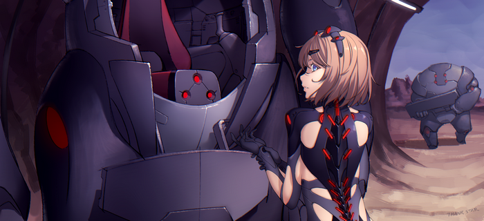 Girl in mecha suit with robots in desert