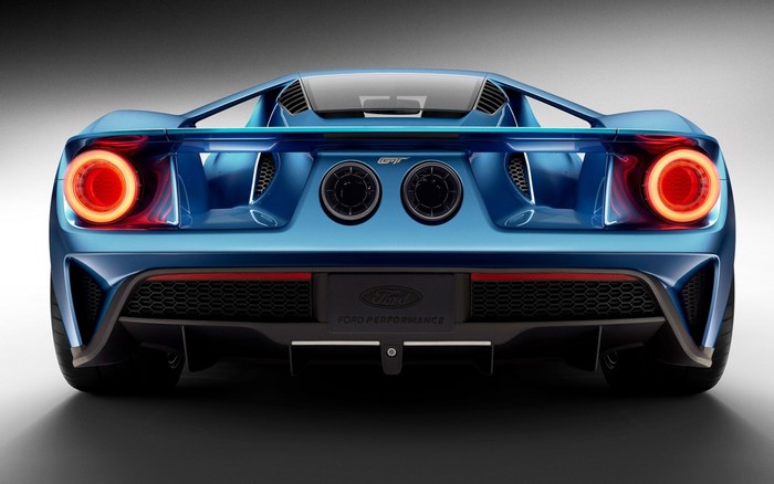 Rear view of a blue Ford GT supercar