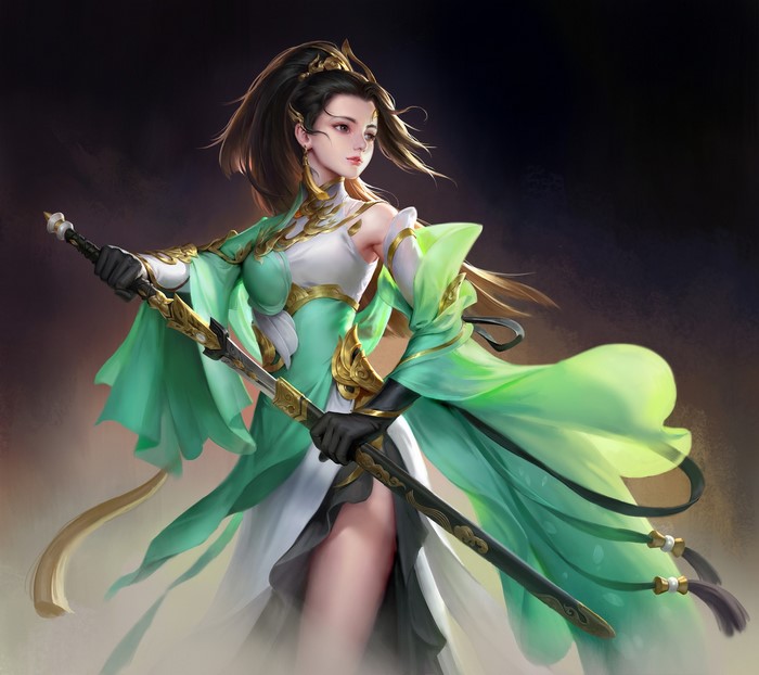 Fantasy girl with sword and green robes