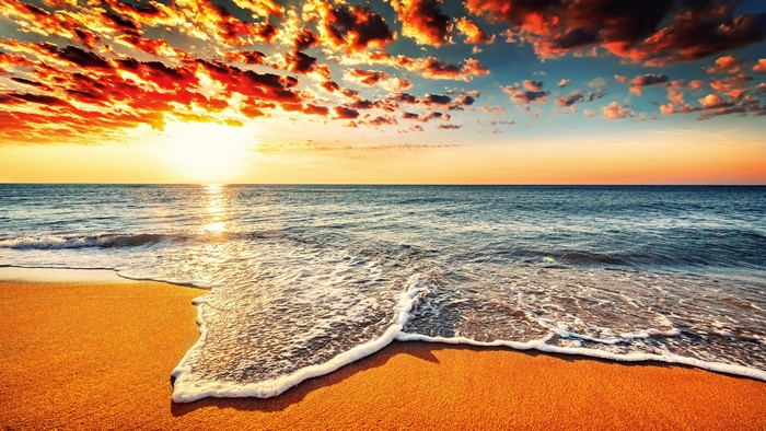 4K Beach Sunset with Fiery Clouds and Ocean Waves