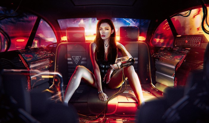 Cyberpunk cyborg woman in futuristic car interior