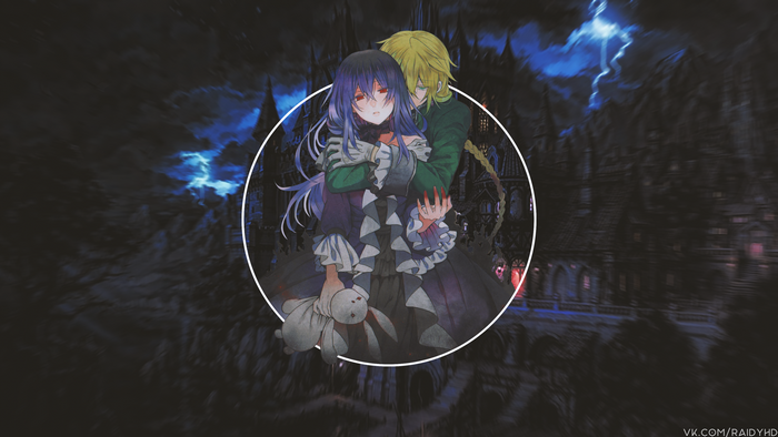 Anime couple with blue hair and red eyes in front of castle