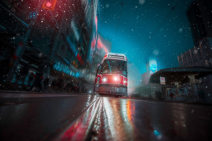 Toronto streetcar at night in the snow