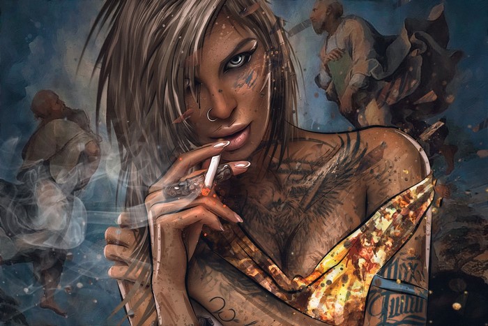 Max Twain Digital Painting of Inked Woman Smoking