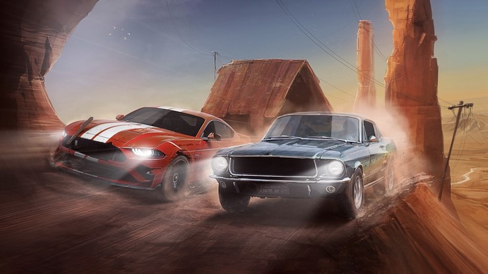Ford Mustang cars racing in a desert landscape