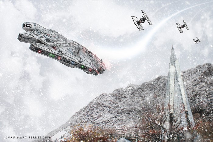 Millennium Falcon and TIE Fighters in a Snowy Landscape