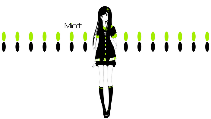 Anime girl with long black hair and green accents