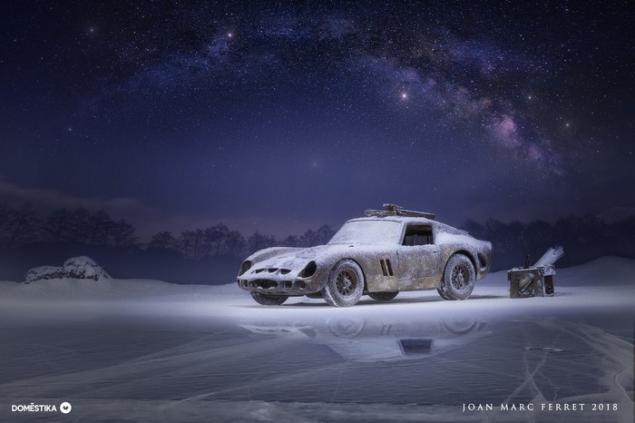 Ferrari 250 GTO covered in snow under the Milky Way