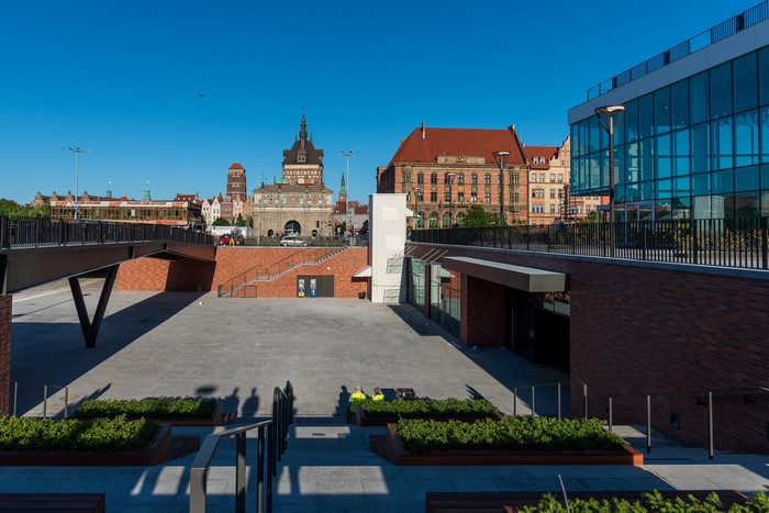 Cityscape of Gdańsk, Poland with historic buildings and modern architecture