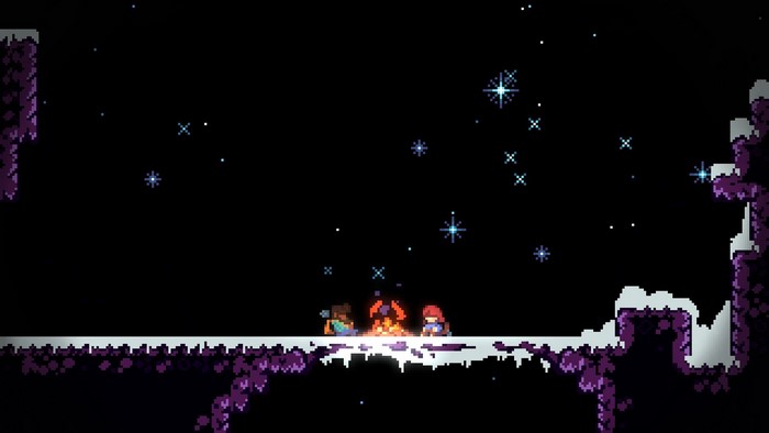 Celeste: Characters by a campfire under a starry night sky