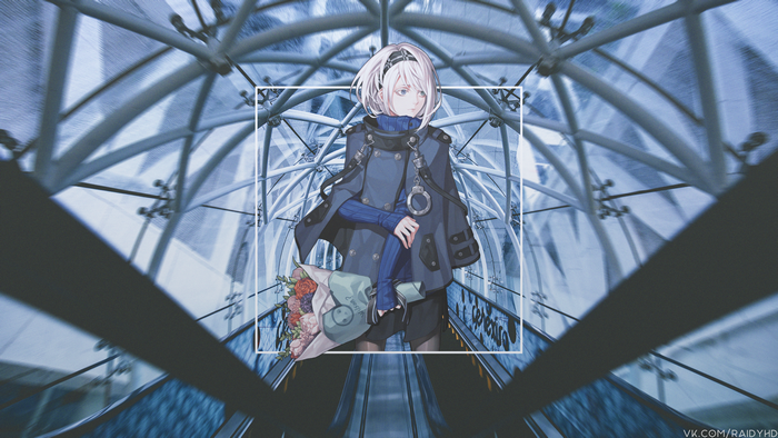 Anime girl with flowers on escalator