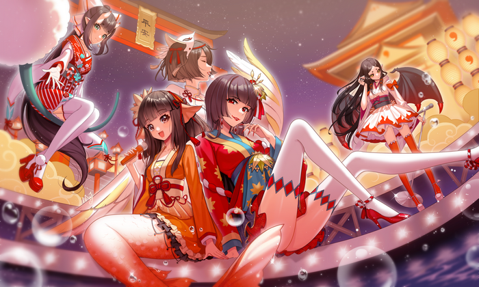 Anime girls in kimonos with fox ears