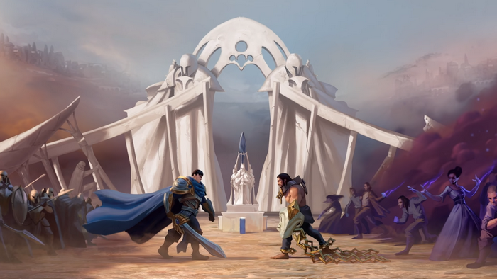 Sylas and Garen from League of Legends facing off