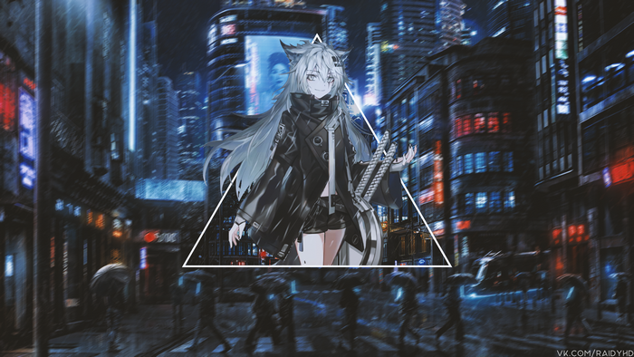 Anime girl with swords in a rainy city