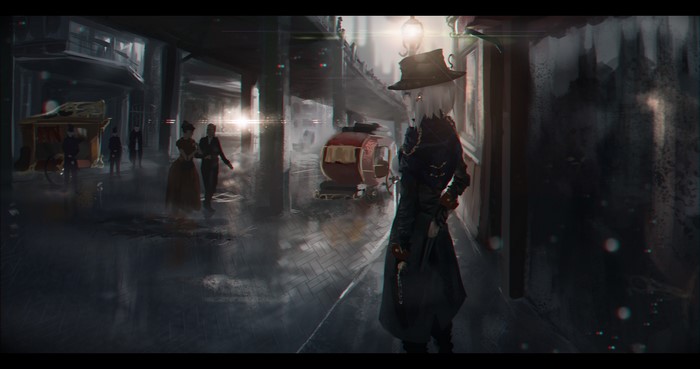Anime girl in hat on a rainy city street