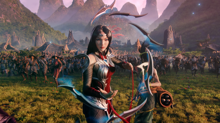 Irelia from League of Legends in a battle