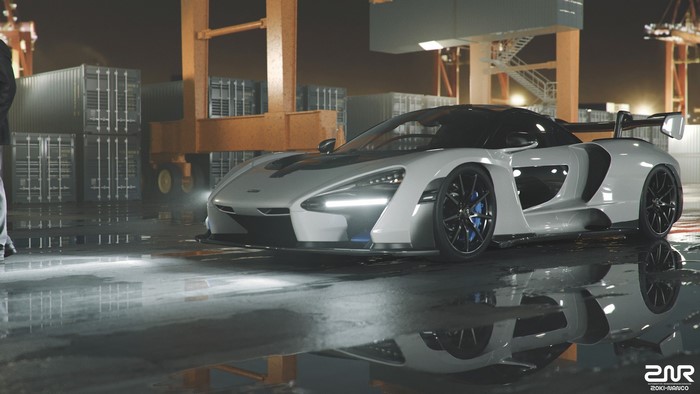McLaren Senna supercar at a port at night