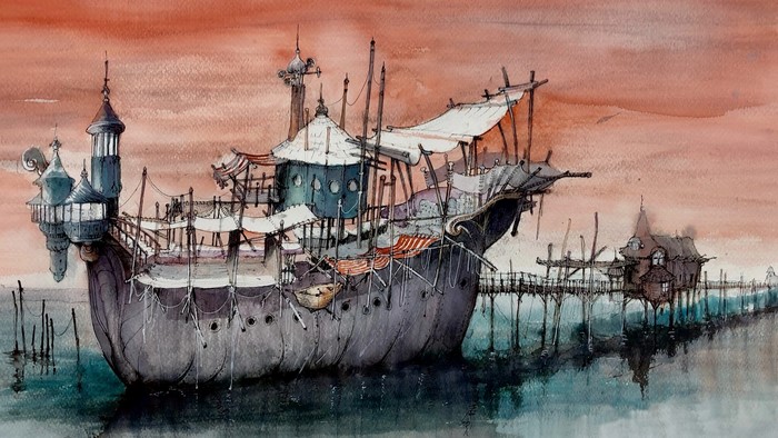 Watercolor painting of a fantastical ship at a dock