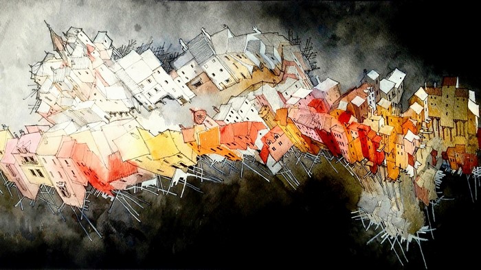 Surreal cityscape artwork with tilted buildings