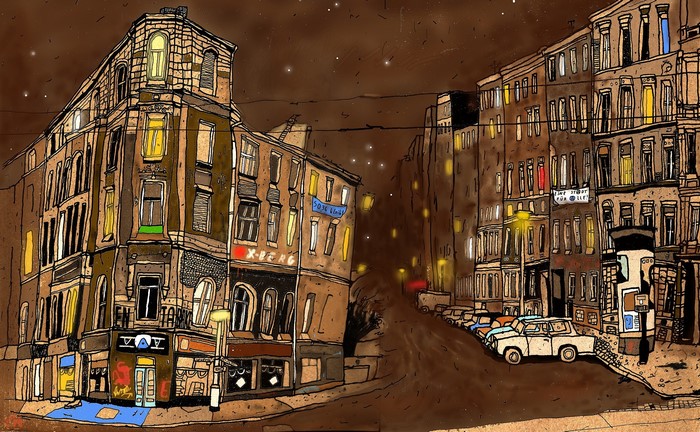 Artwork of a Berlin street scene with Trabant cars at night
