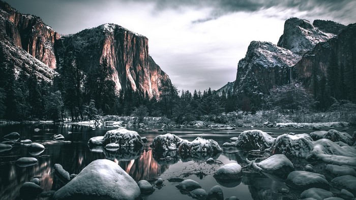 Snowy Mountains and River in Yosemite Valley