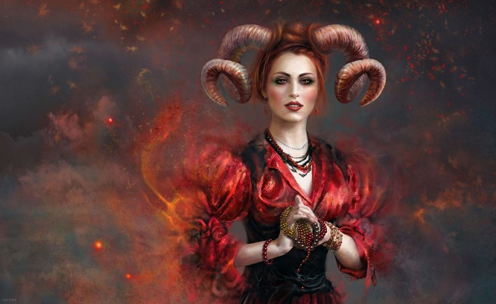 Fantasy art of a demoness with horns and red dress