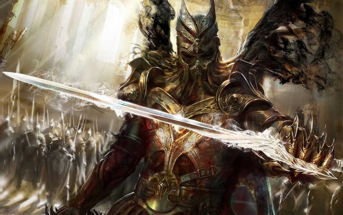 Fantasy warrior in ornate armor holding a glowing sword