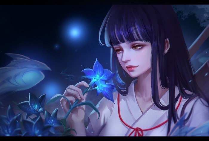 Kikyo from Inuyasha holding glowing blue flowers