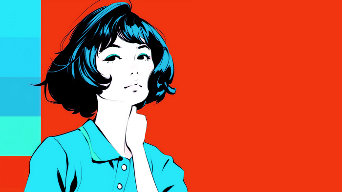 Anime girl with dark hair and blue shirt