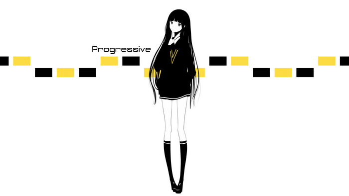 Anime girl with long black hair and yellow V on sweater