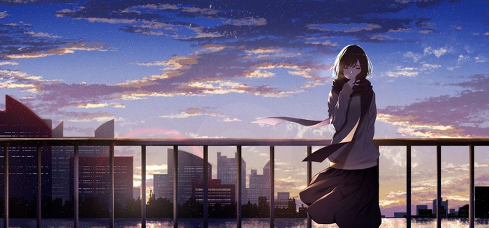Anime girl on a balcony overlooking a city at sunset