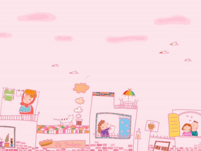 Illustration of a street scene with people and cats