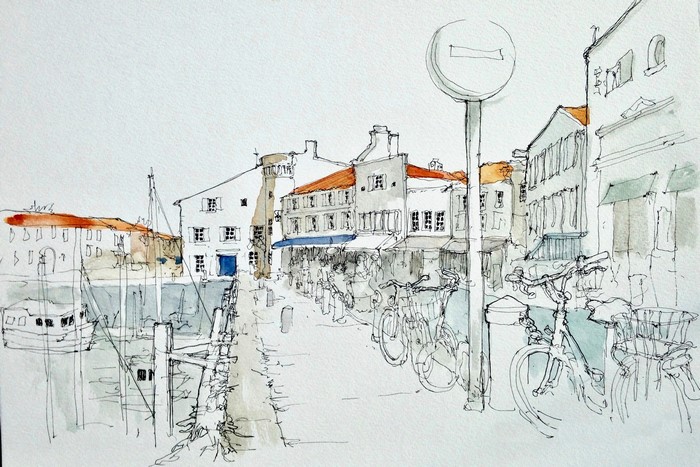 Watercolor painting of a European street with bicycles and boats