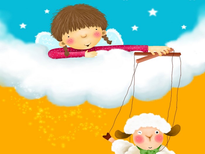 Girl with angel wings operating a sheep puppet